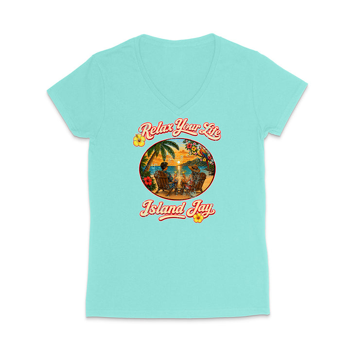 Light blue t-shirt with 'Relax Your Life Island Jay' graphic design on a white background
