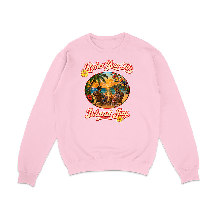 Pink sweatshirt with 'Relax Your Life, Island Jay' graphic on a white background