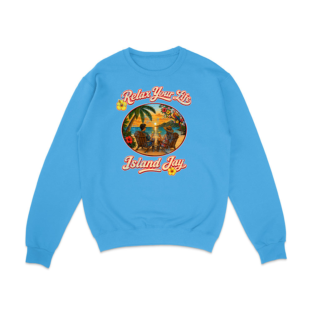 Blue sweatshirt with 'Relax Your Life Island Jay' graphic on a white background