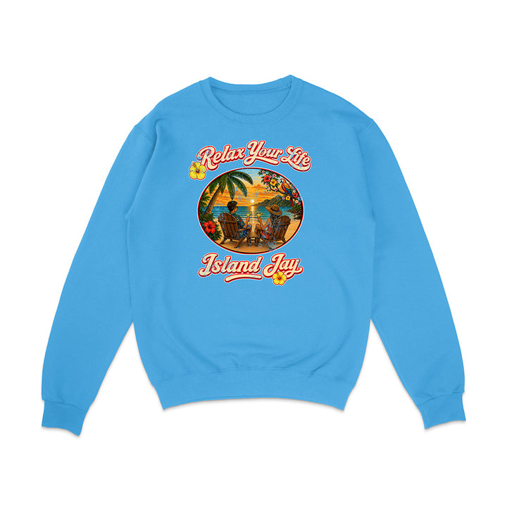 Blue sweatshirt with 'Relax Your Life Island Jay' graphic on a white background