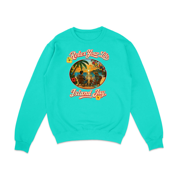 Turquoise sweatshirt with 'Relax Your Life Island Jay' graphic on a white background