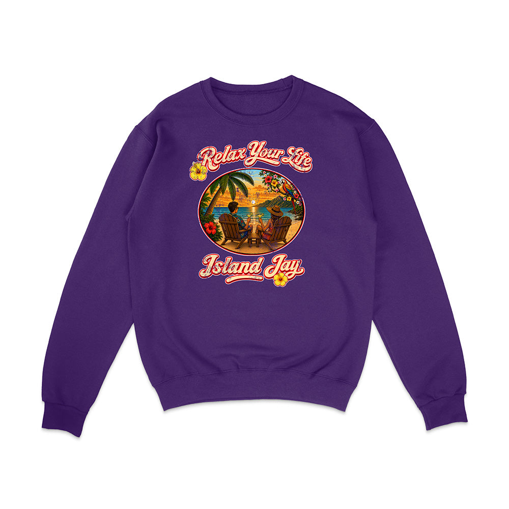 Purple sweatshirt with 'Relax Your Life' and 'Island Jay' design on a white background