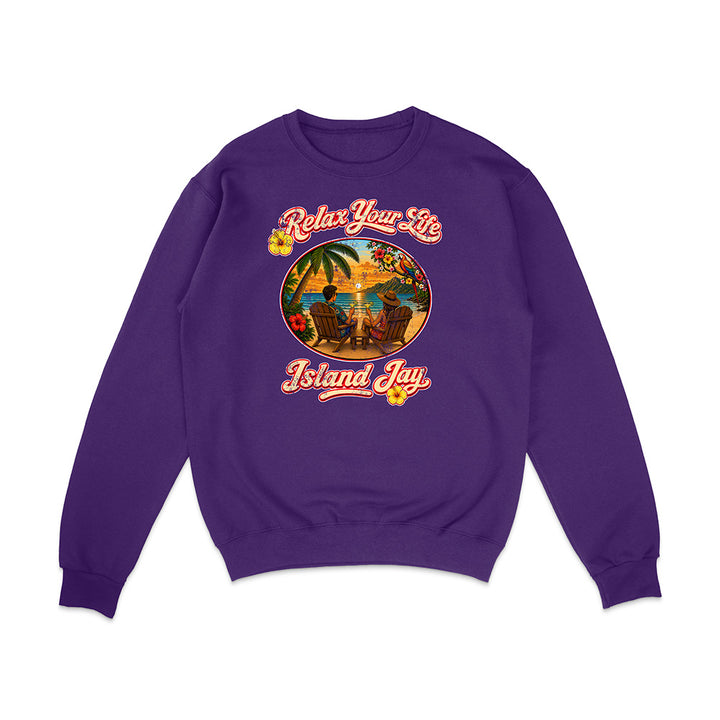 Purple sweatshirt with 'Relax Your Life' and 'Island Jay' design on a white background