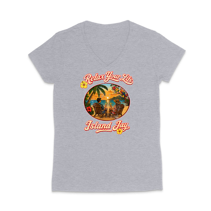 Gray t-shirt with a tropical graphic and 'Relax Your Life, Island Jay' text on a white background