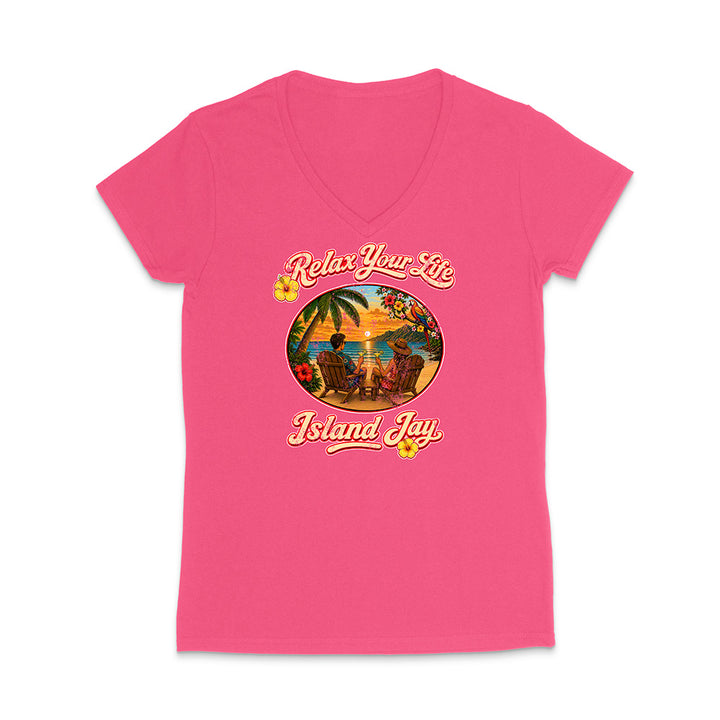 Pink t-shirt with 'Relax Your Life, Island Jay' graphic on a white background