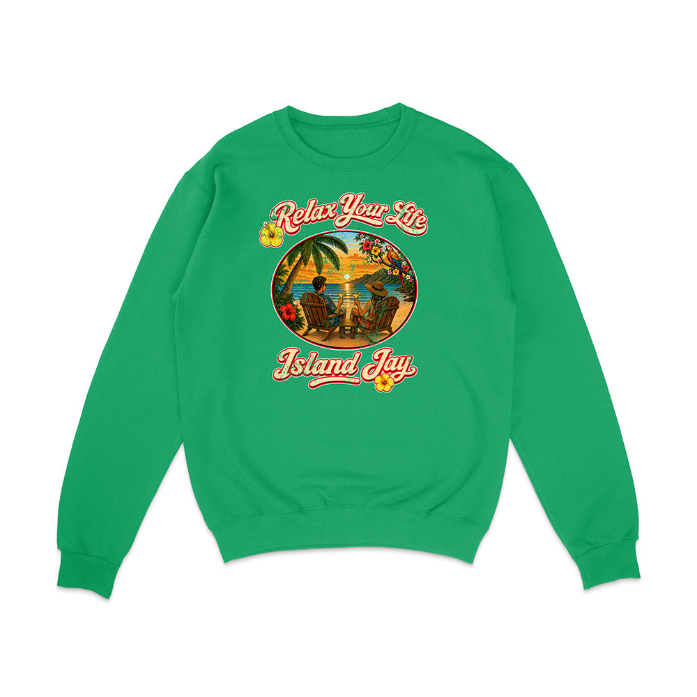 Green sweatshirt with 'Relax Your Life Island Jay' graphic on a white background