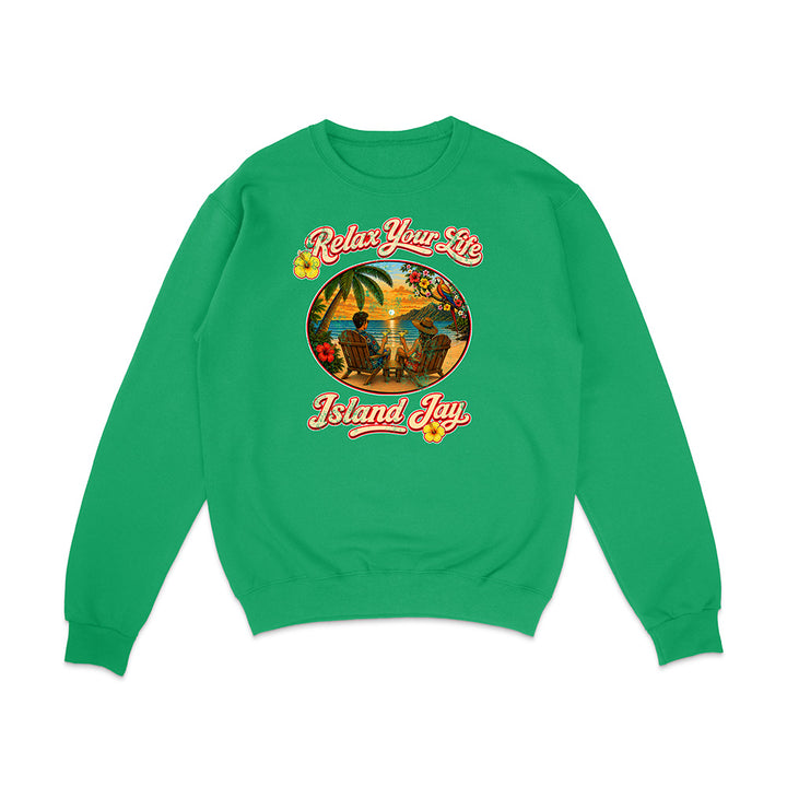 Green sweatshirt with 'Relax Your Life Island Jay' graphic on a white background