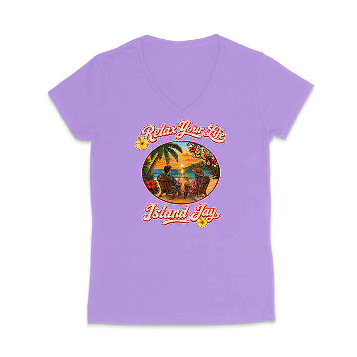 Purple t-shirt with 'Relax Your Life, Island Jay' graphic design on a white background