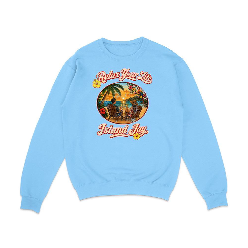 Light blue sweatshirt with 'Relax Your Life Island Jay' graphic on a white background