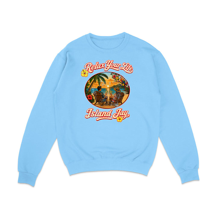 Light blue sweatshirt with 'Relax Your Life Island Jay' graphic on a white background