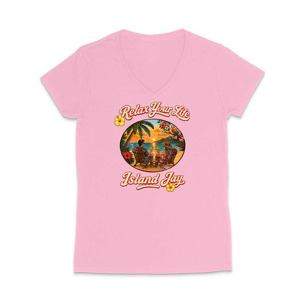 Pink t-shirt with tropical graphic and 'Relax Your Life Island Joy' text on a white background
