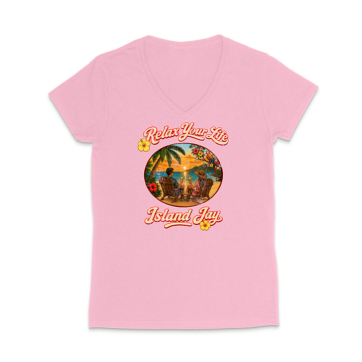 Pink t-shirt with tropical graphic and 'Relax Your Life Island Joy' text on a white background