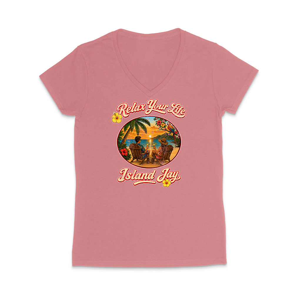 Pink t-shirt with tropical graphic and 'Relax Your Life Island Joy' text on a white background