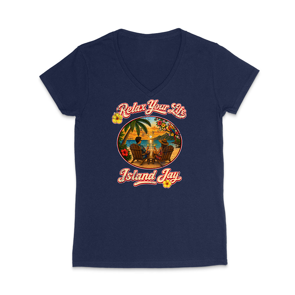 Navy blue t-shirt with 'Relax Your Life Island Jay' graphic design on a white background