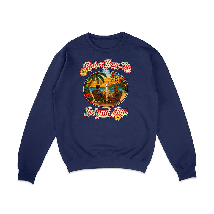 Navy blue sweatshirt with 'Relax Your Life' and 'Island Jay' graphic on a white background