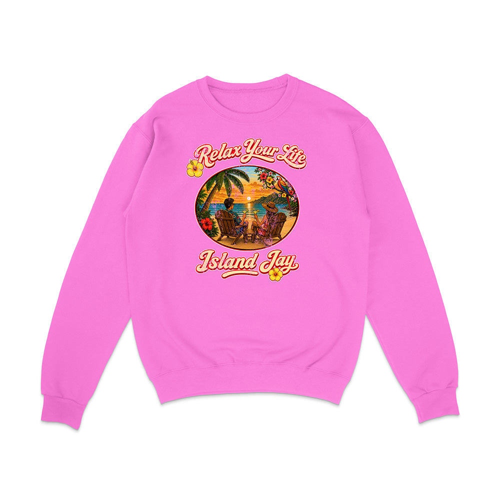 Pink sweatshirt with 'Relax Your Life Island Jay' graphic on a white background