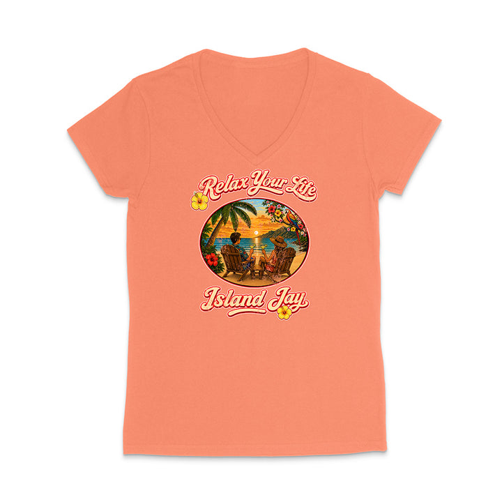 Coral t-shirt with 'Relax Your Life, Island Jay' graphic on a white background