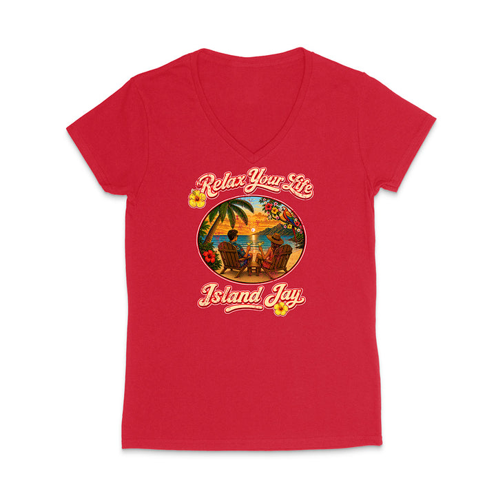 Red t-shirt with 'Relax Your Life Island Jay' graphic design on a white background