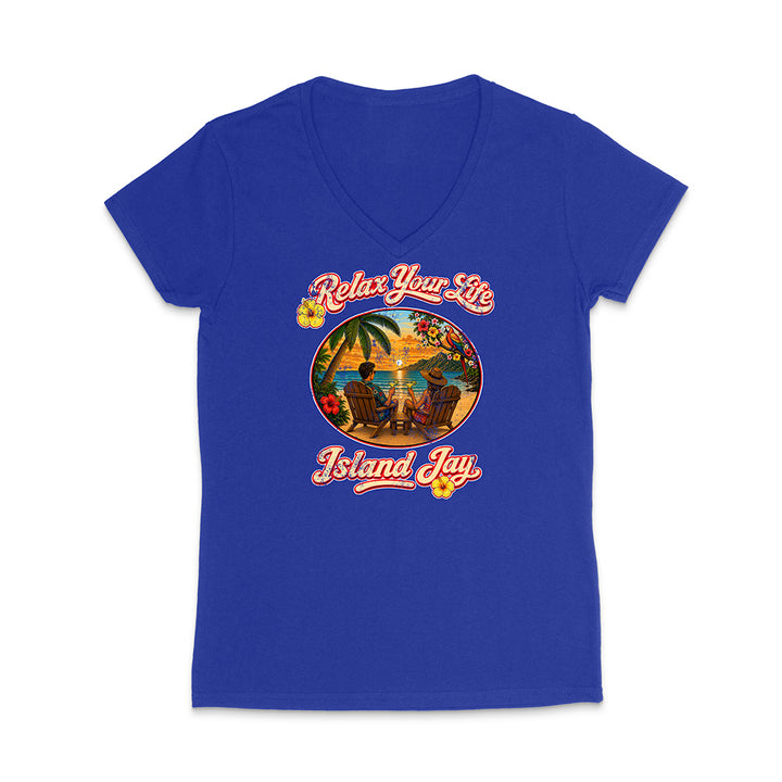 Blue t-shirt with 'Relax Your Life Island Jay' graphic design on a white background