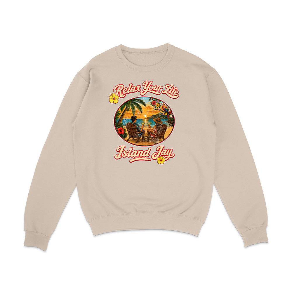 Beige sweatshirt with 'Relax You Life Island Jay' graphic on a white background