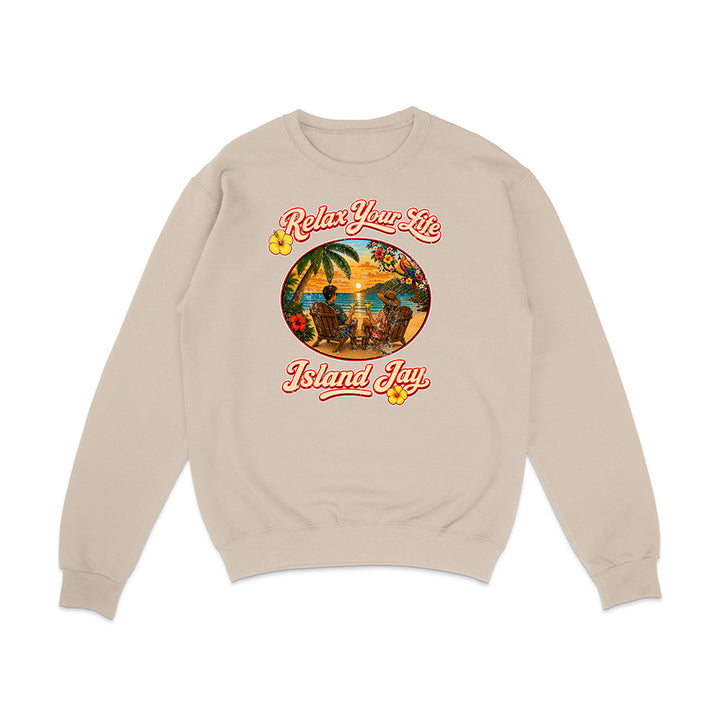 Beige sweatshirt with 'Relax You Life Island Jay' graphic on a white background
