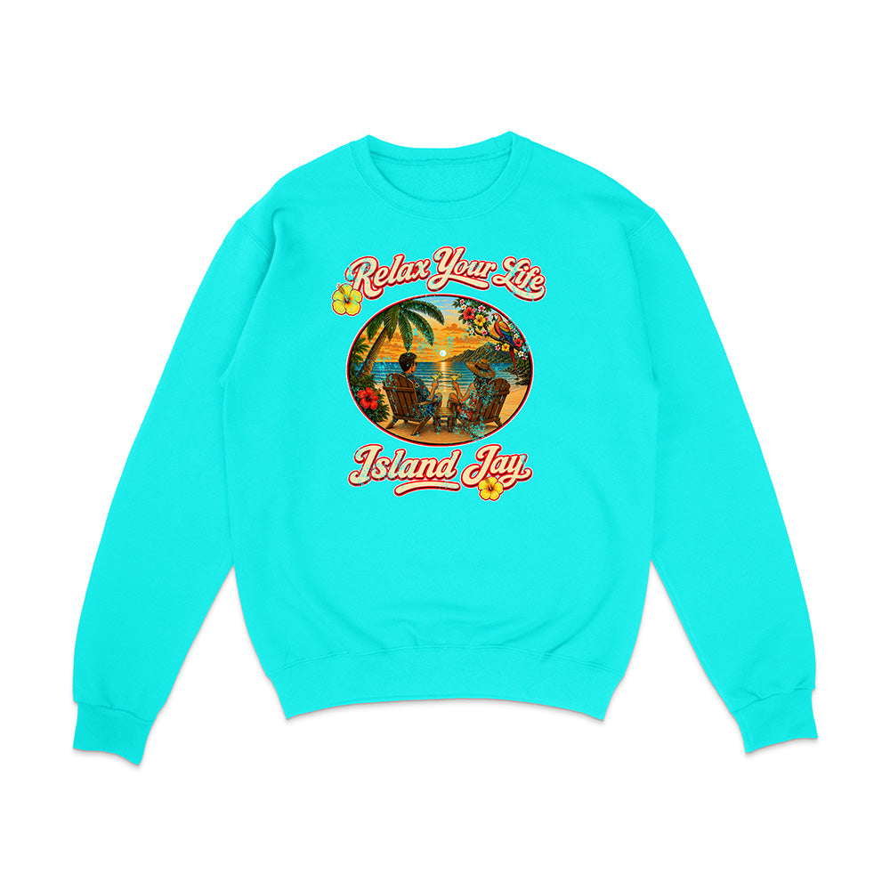 Turquoise sweatshirt with 'Relax Your Life Island Jay' graphic on a white background