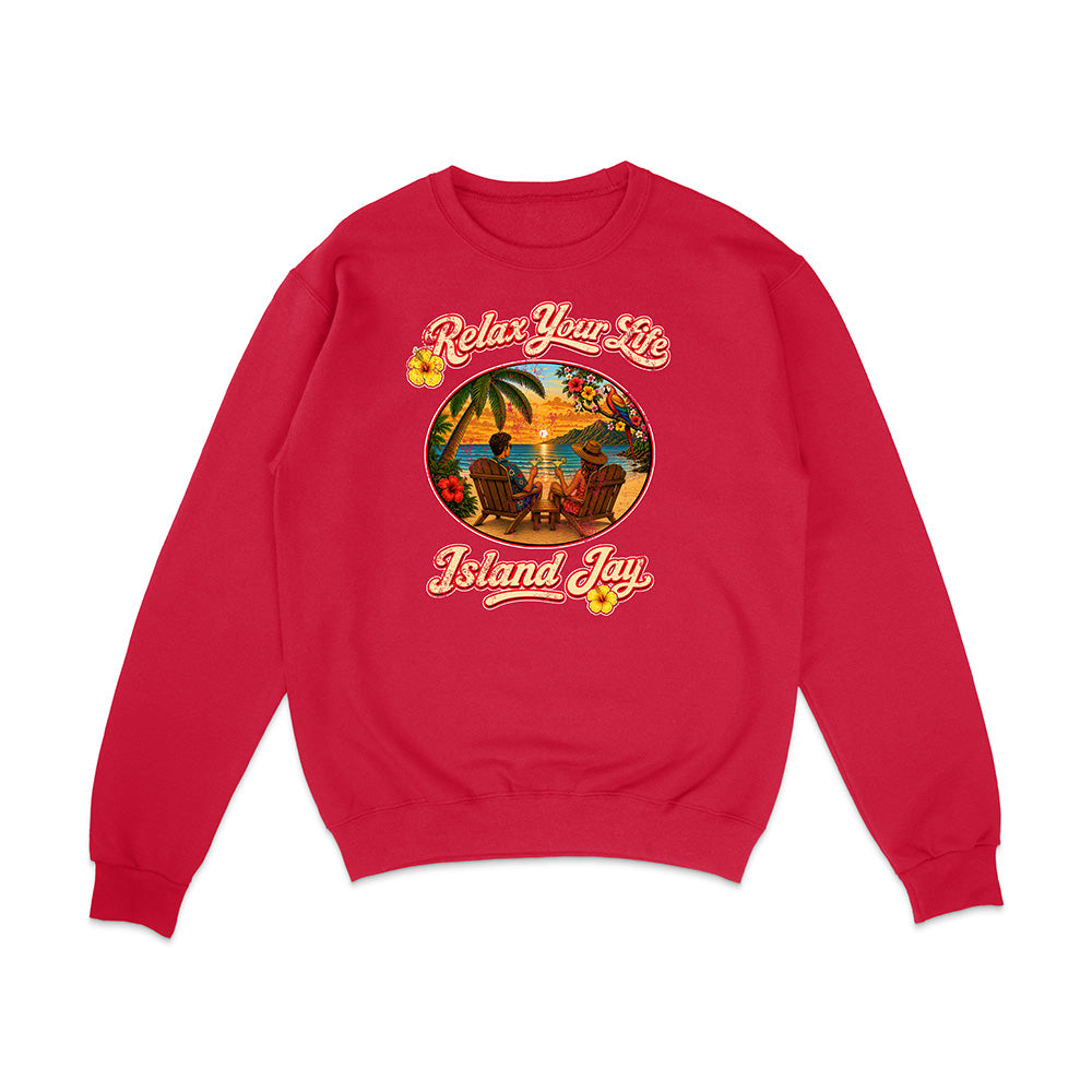 Red sweatshirt with 'Relax Your Life Island Jay' graphic on a white background