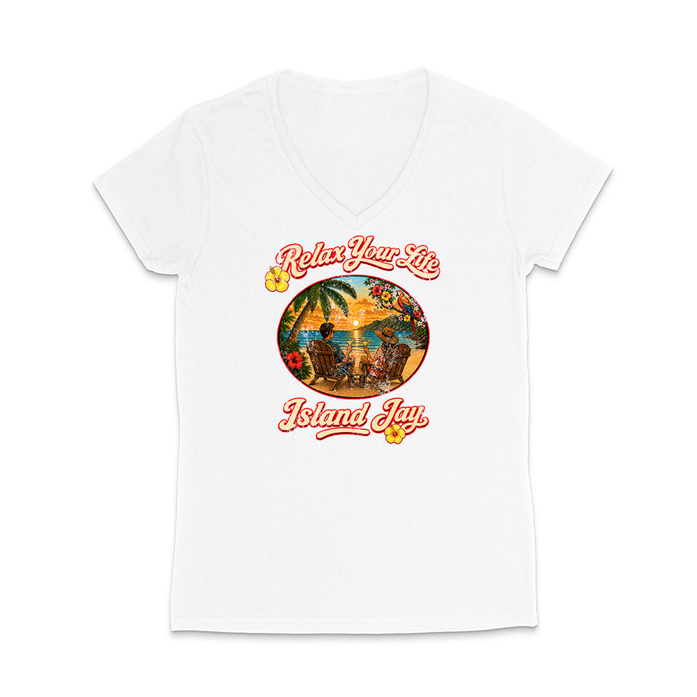 White t-shirt with a tropical graphic and 'Relax Your Life Island Joy' text on a white background