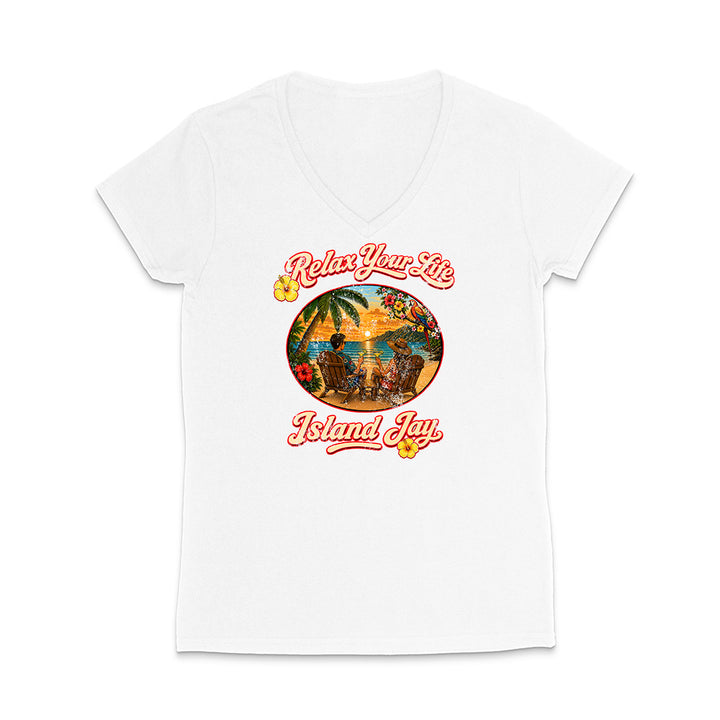 White t-shirt with a tropical graphic and 'Relax Your Life Island Joy' text on a white background