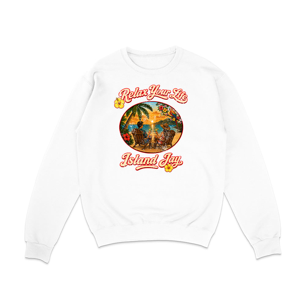 White sweatshirt with 'Relax Your Life Island Jay' graphic design on a white background