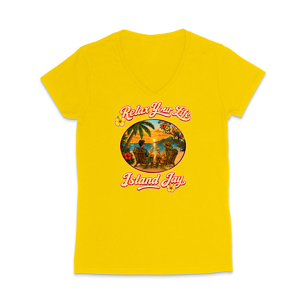 Yellow t-shirt with 'Relax Your Life Island Jay' graphic design on a white background