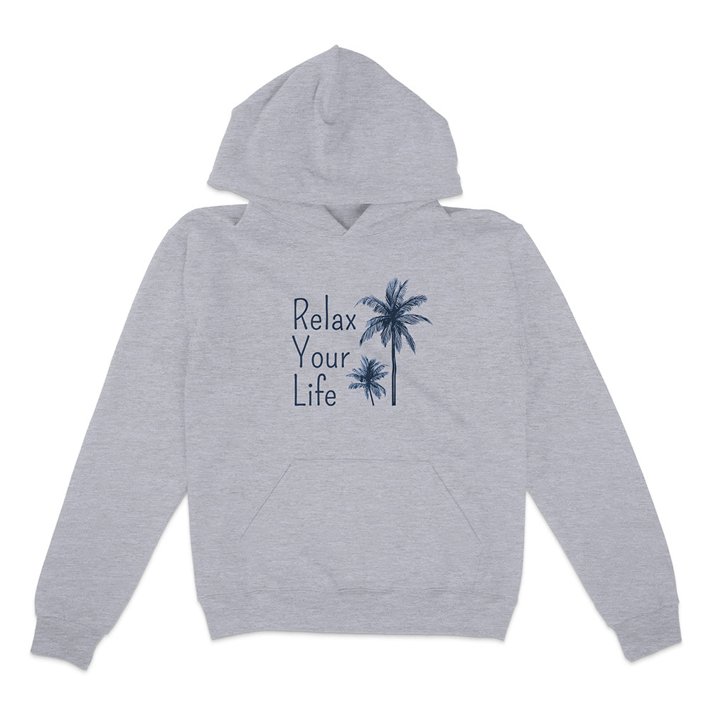 Gray hoodie with 'Relax Your Life' text and palm tree graphics on a white background