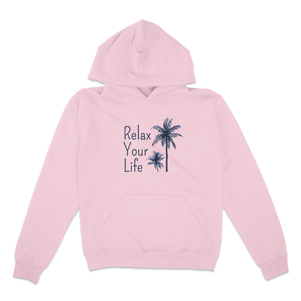 Pink hoodie with 'Relax Your Life' text and palm tree graphics on a white background