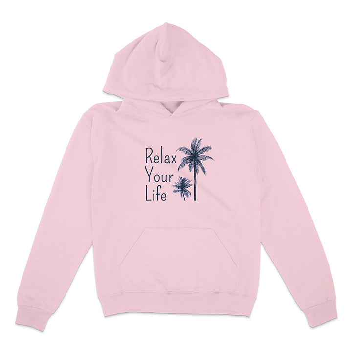 Pink hoodie with 'Relax Your Life' text and palm tree graphics on a white background