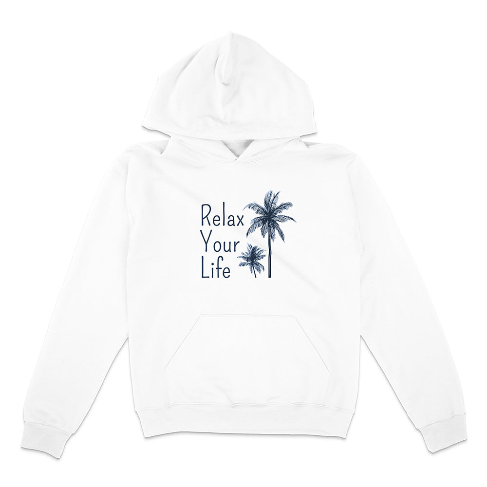 White hoodie with 'Relax Your Life' text and palm tree graphics on a white background