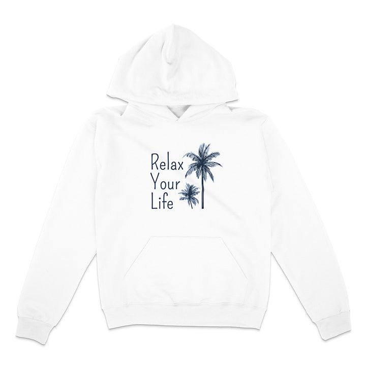 White hoodie with 'Relax Your Life' text and palm tree graphics on a white background