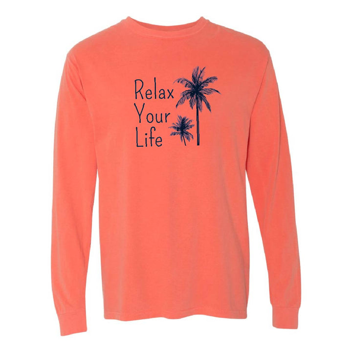 Coral long-sleeve shirt with 'Relax Your Life' text and palm tree design on a white background