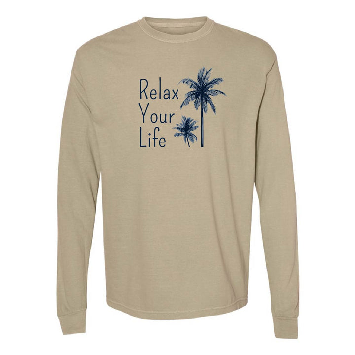 Beige long-sleeve shirt with 'Relax Your Life' text and palm tree graphics on a white background