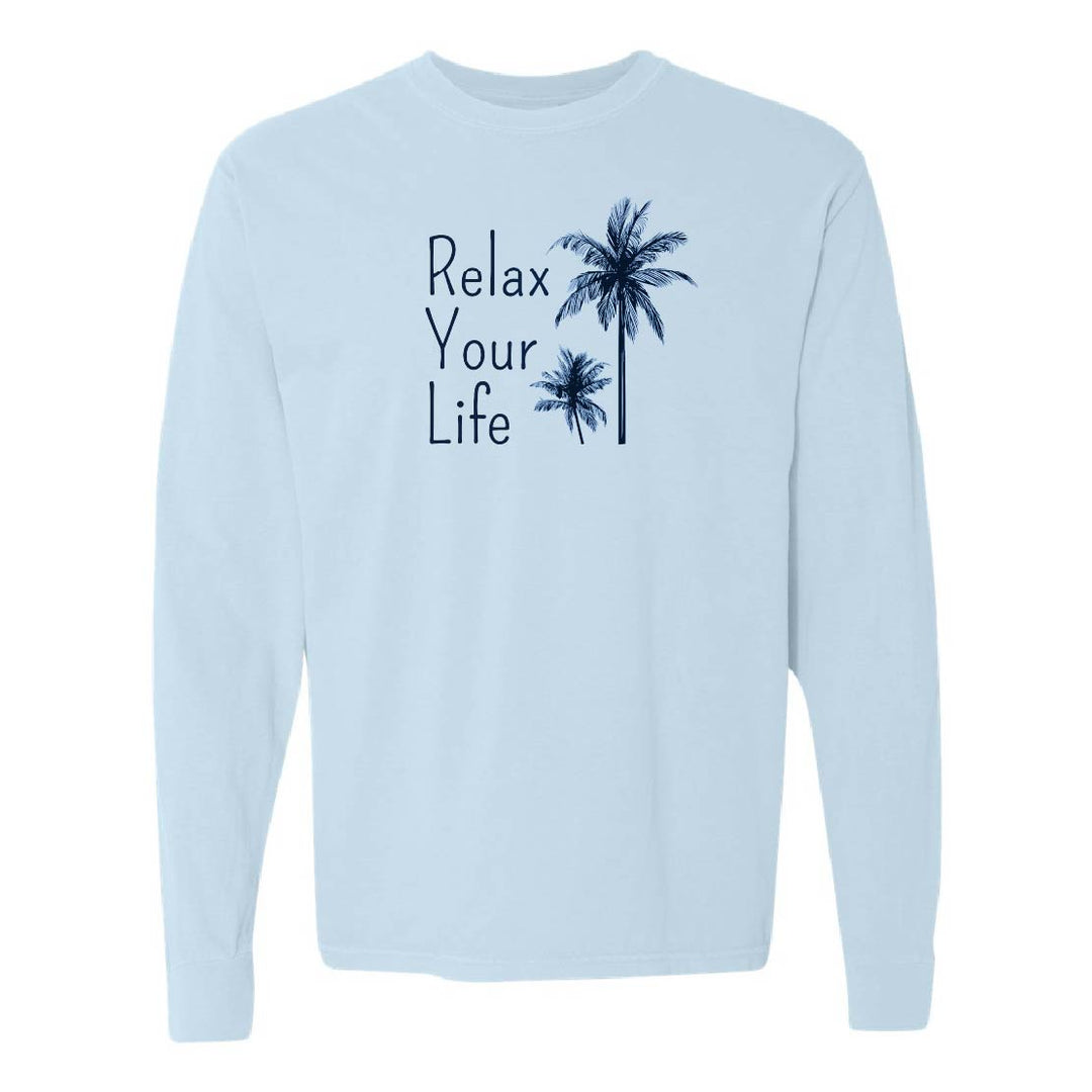 Light blue sweatshirt with 'Relax Your Life' text and palm tree graphics on a white background