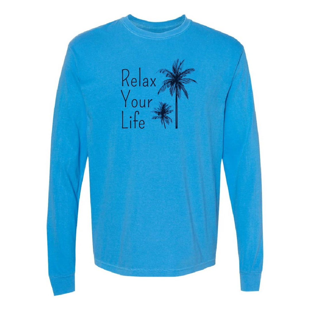 Blue long-sleeve shirt with 'Relax Your Life' text and palm tree design on a white background