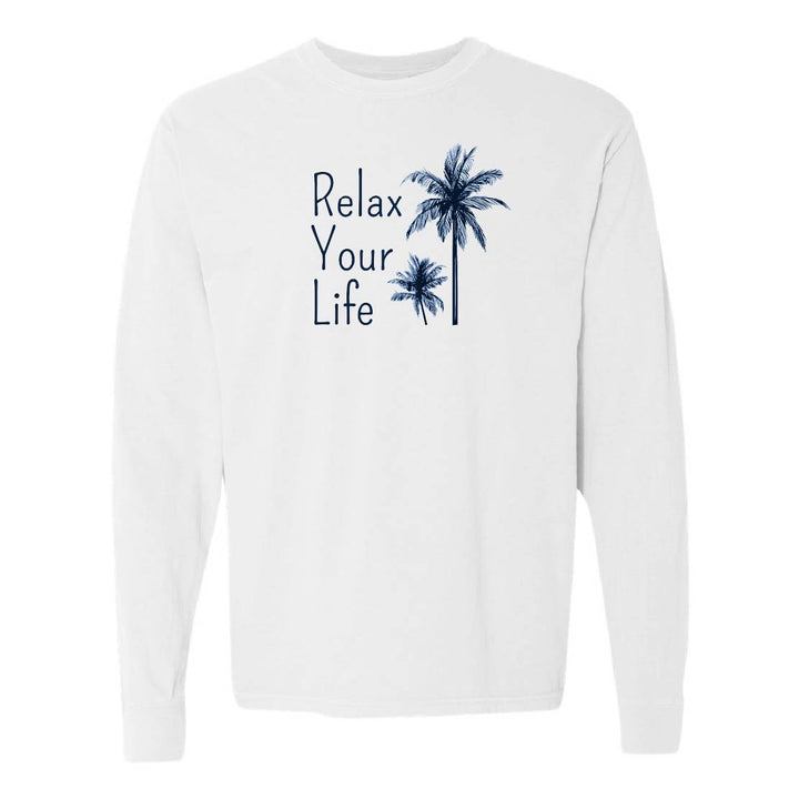 White sweatshirt with 'Relax Your Life' text and palm tree design on a white background
