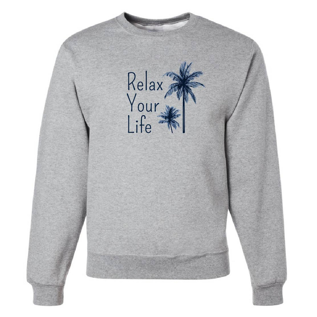 Gray sweatshirt with 'Relax Your Life' text and palm tree graphics on a white background