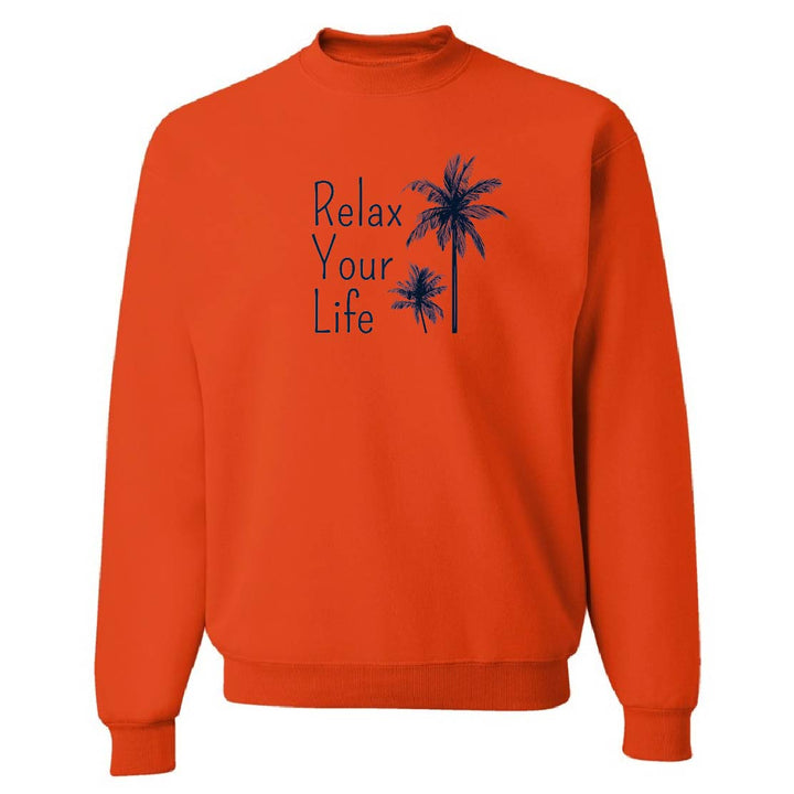 Orange sweatshirt with 'Relax Your Life' text and palm tree graphics on a white background