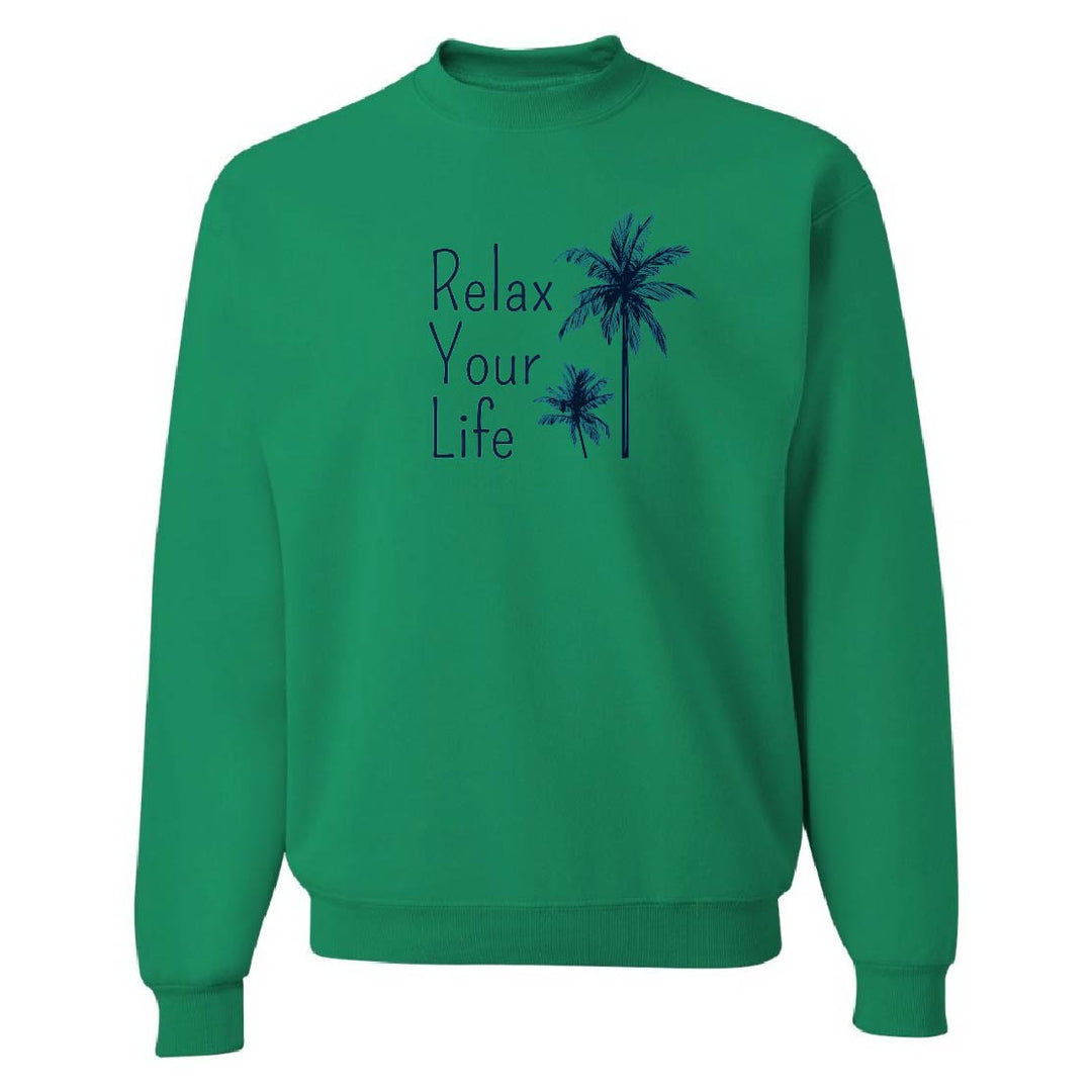 Green sweatshirt with 'Relax Your Life' text and palm tree graphics on a white background
