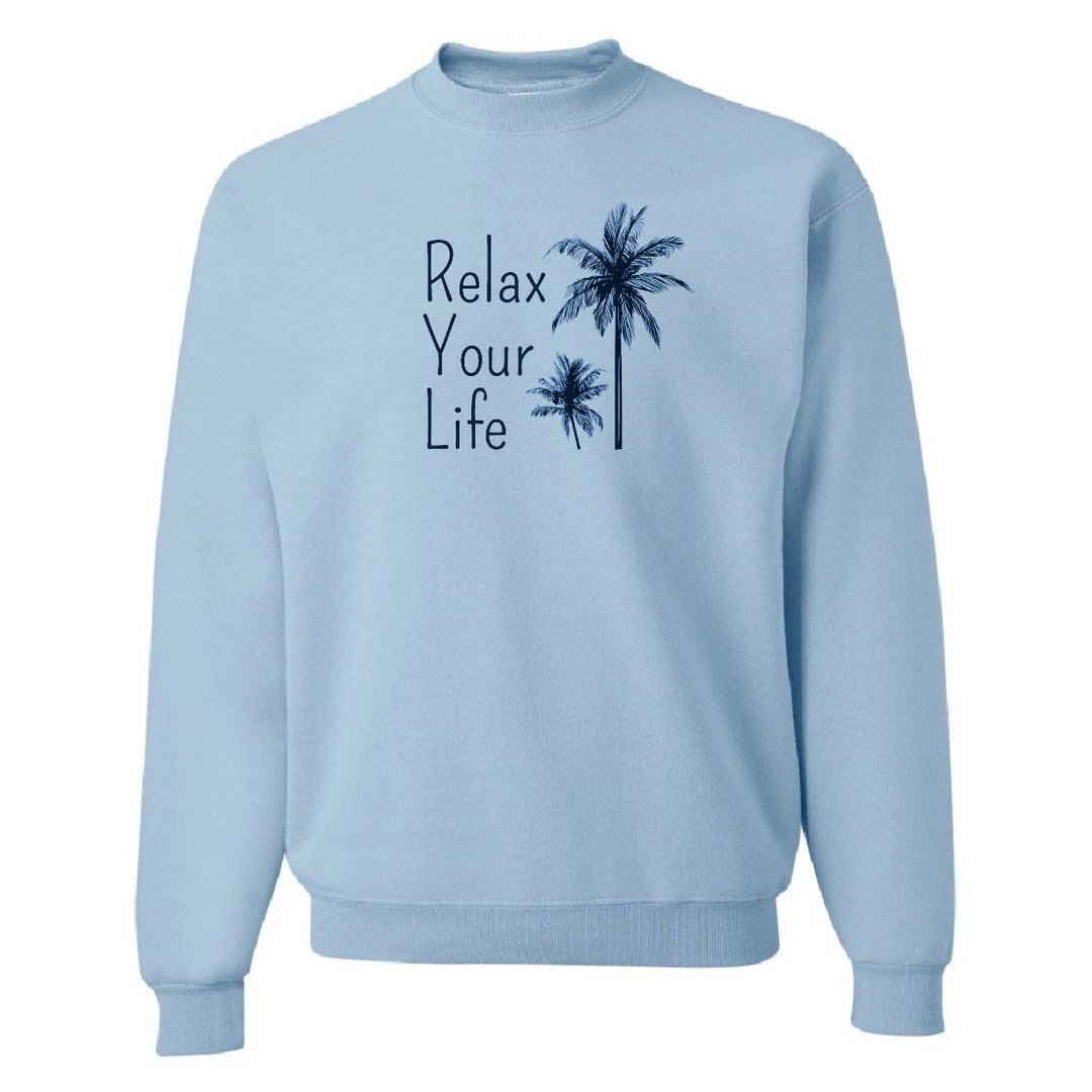 Light blue sweatshirt with 'Relax Your Life' text and palm tree graphics on a white background