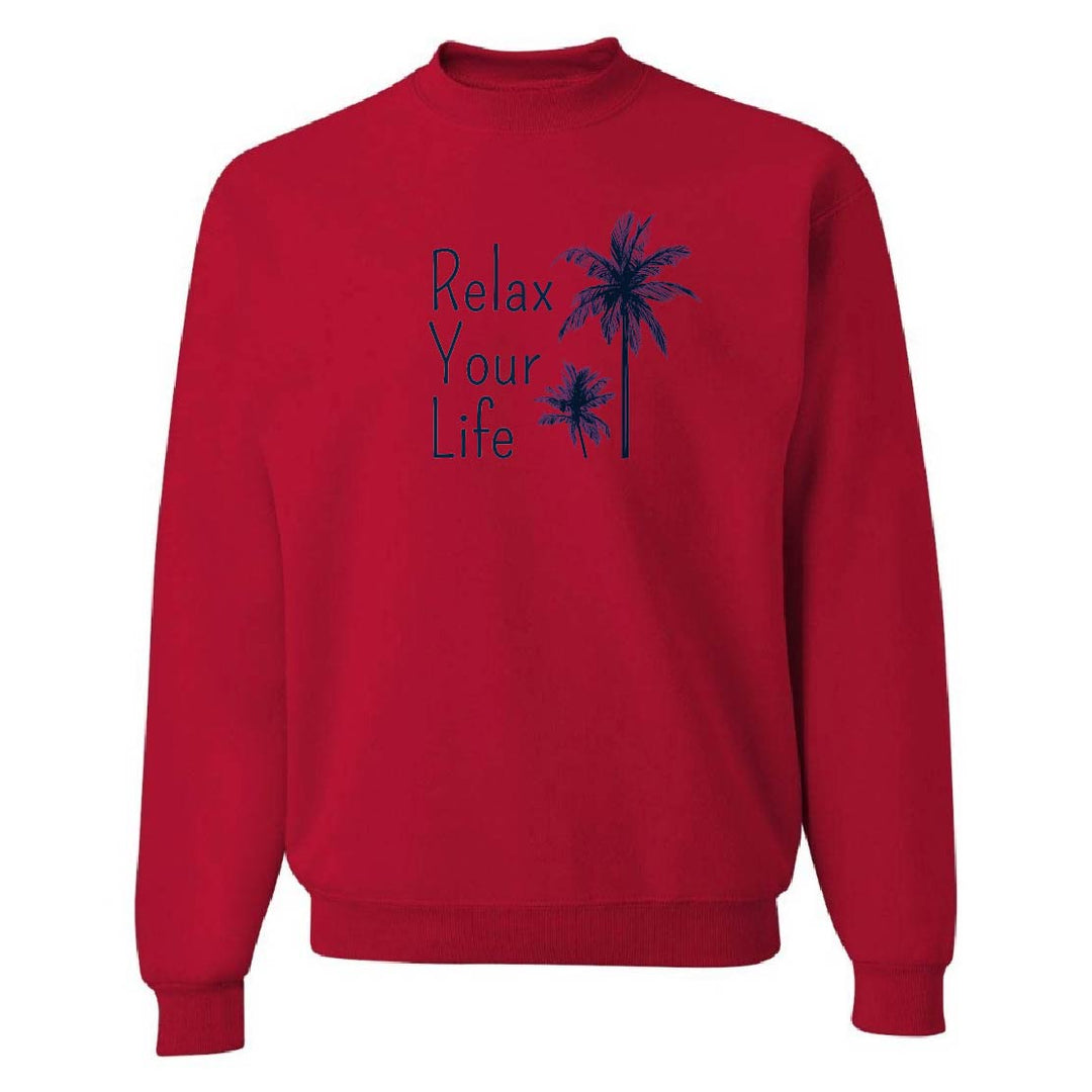 Red sweatshirt with 'Relax Your Life' text and palm tree graphics on a white background