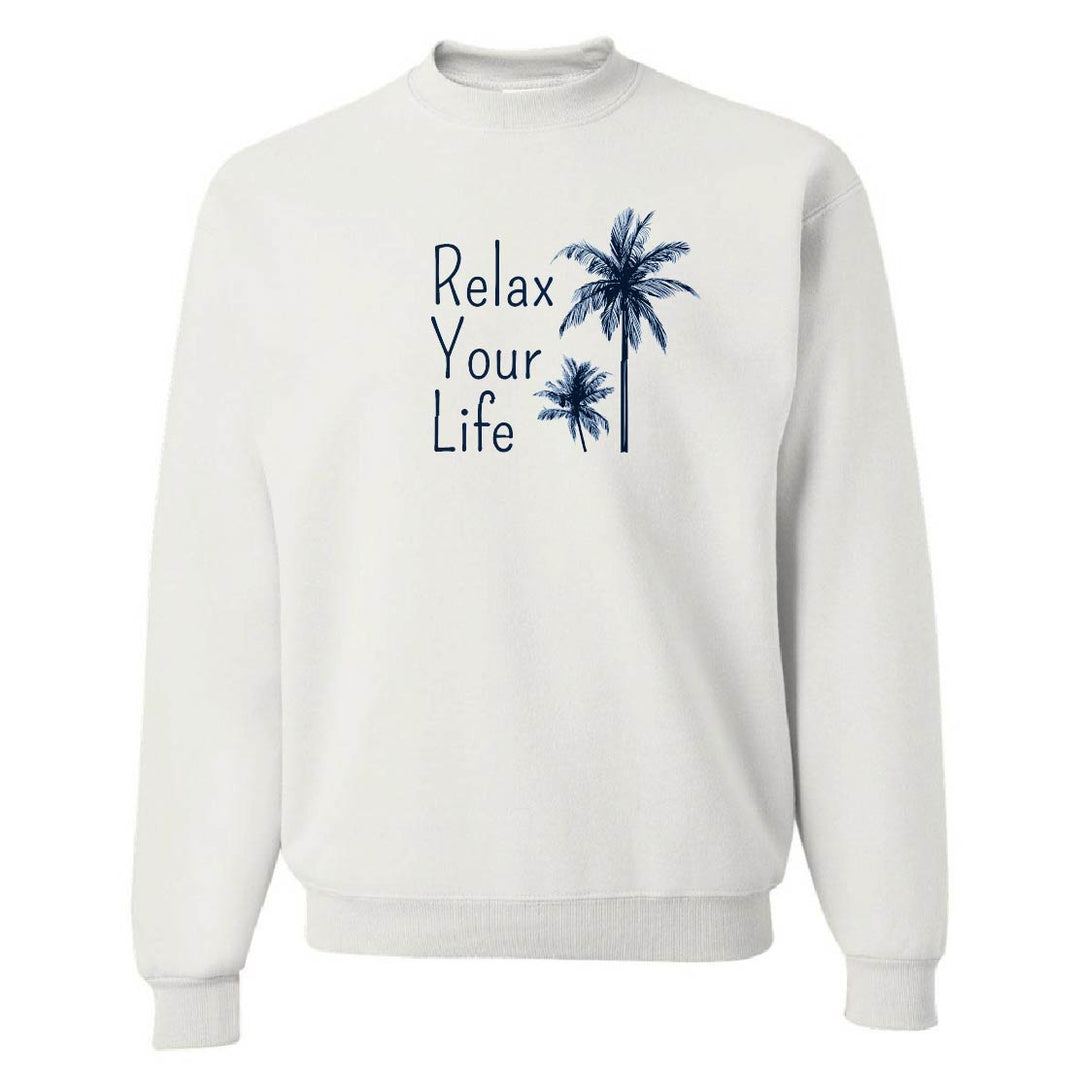 White sweatshirt with 'Relax Your Life' text and palm tree design on a white background