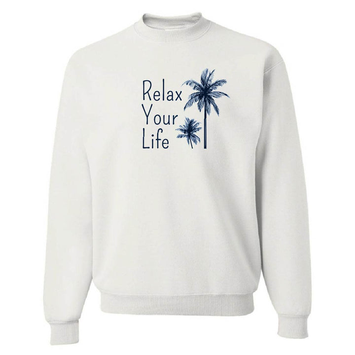 White sweatshirt with 'Relax Your Life' text and palm tree design on a white background