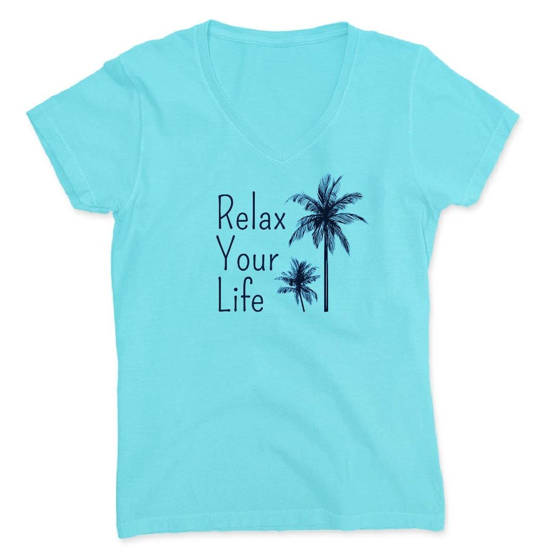 Light blue t-shirt with 'Relax Your Life' text and palm tree graphics on a white background