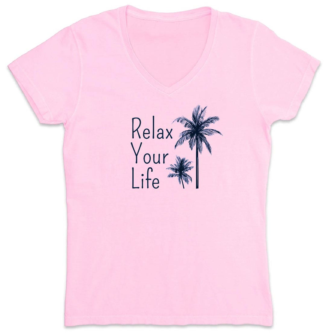 Pink t-shirt with 'Relax Your Life' text and palm tree graphics on a white background
